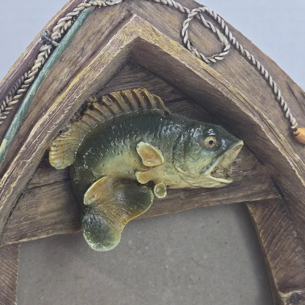 Vtg Fishing Photo Frame Resin 3D Boat Shape w Lake House Decor